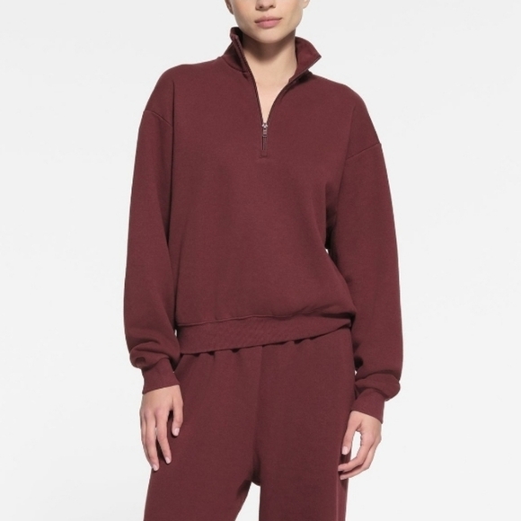 Skims Cotton Fleece Classic Half Zip Pullover Hoodie Oxblood Burgundy Medium NWT - Picture 1 of 6